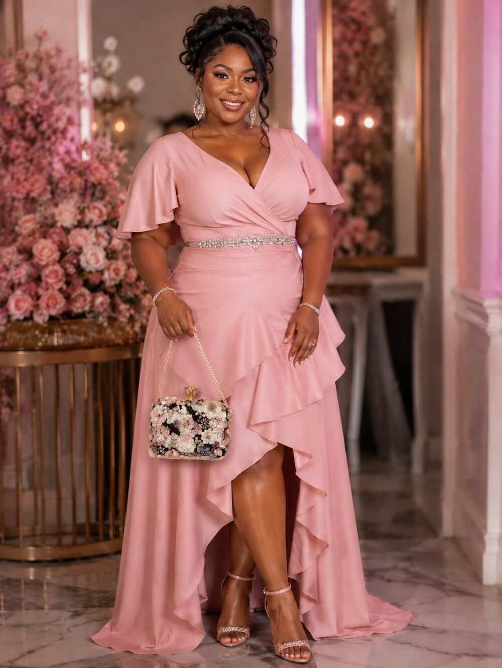 Embellished Floral Evening Clutch - Pink & White